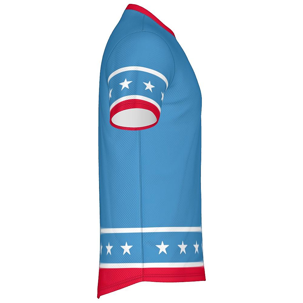 Blue shirt with white stars and red stripes on a white background