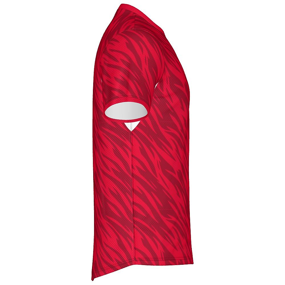 Red shirt with wavy design and white accents on a white background
