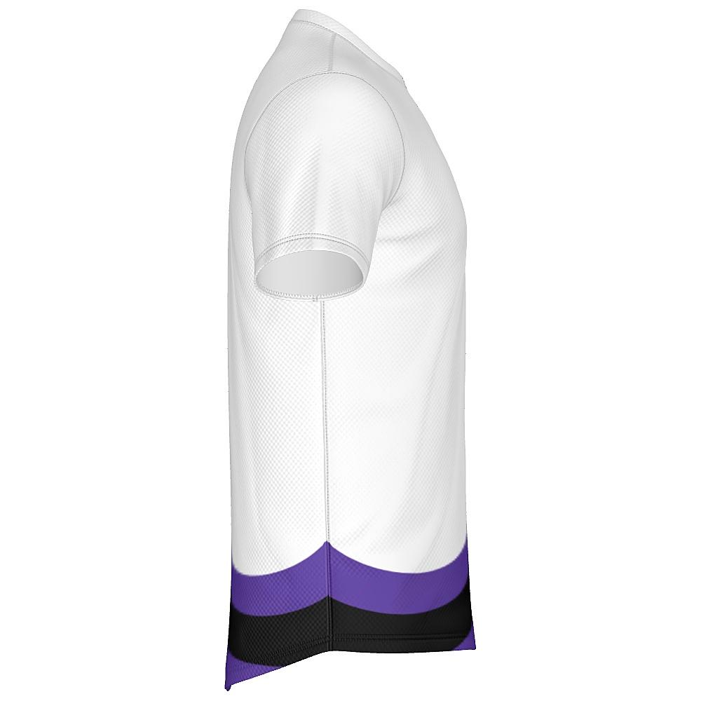White shirt with black and purple accents on a white background