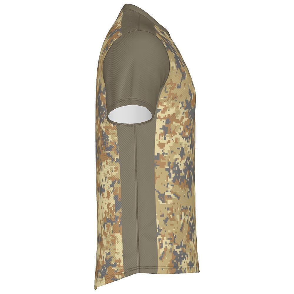 Earth-tone shirt with digital camo design on a white background