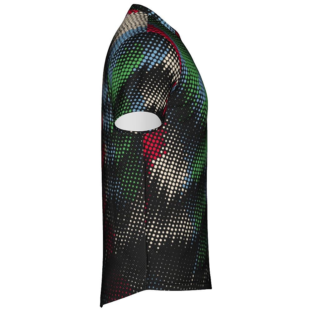 Black shirt with multicolored dot pattern on a white background