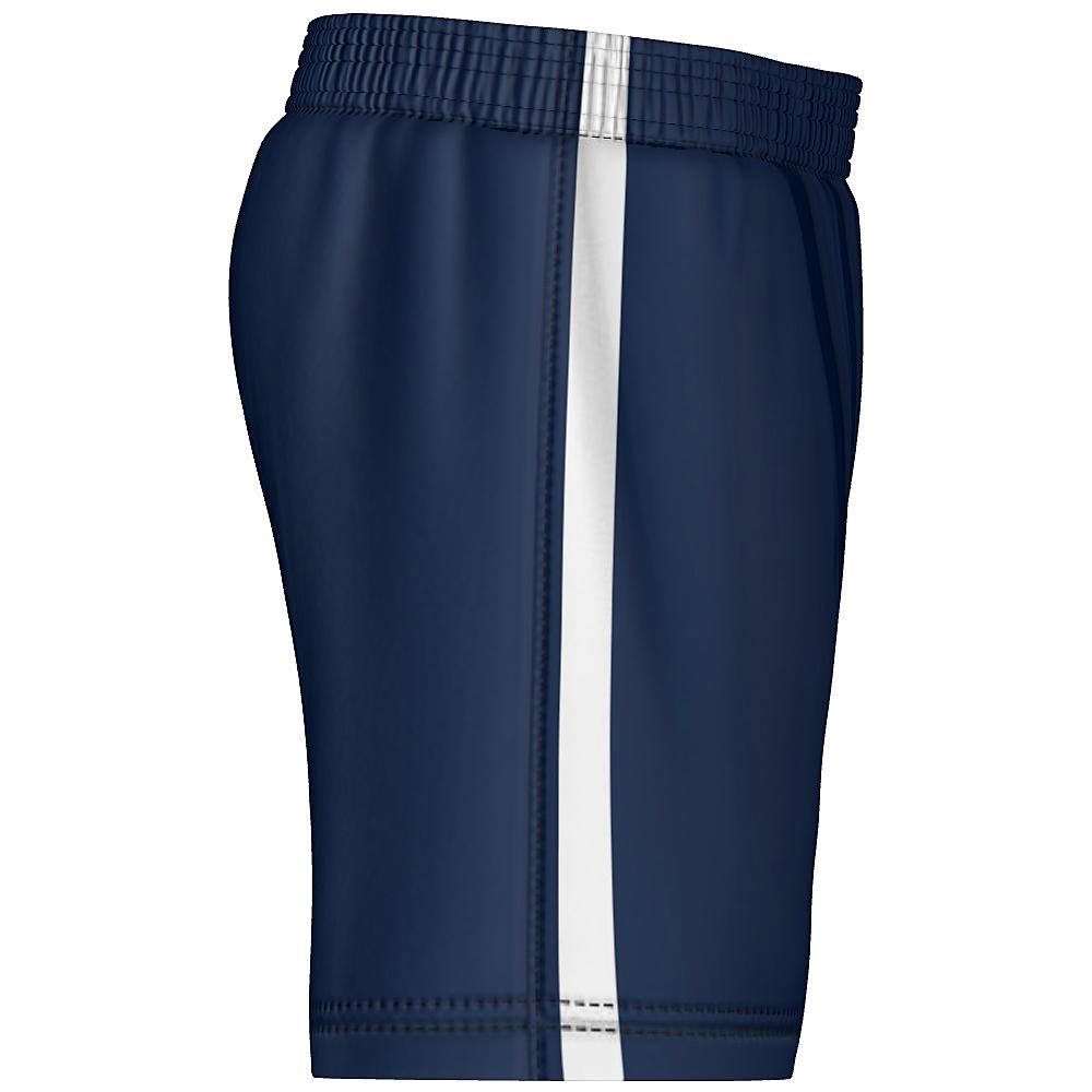Navy shorts with white side stripe on a white background