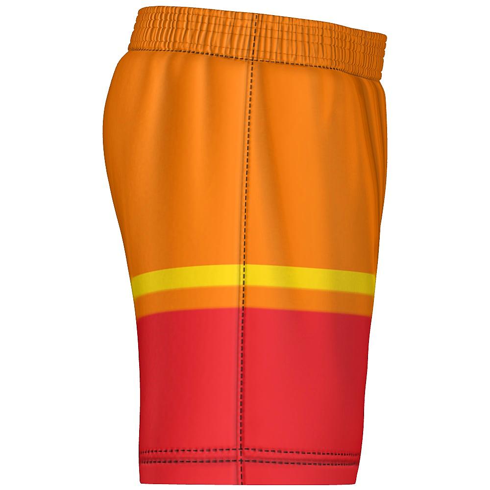 Orange, yellow and red striped shorts on a white background