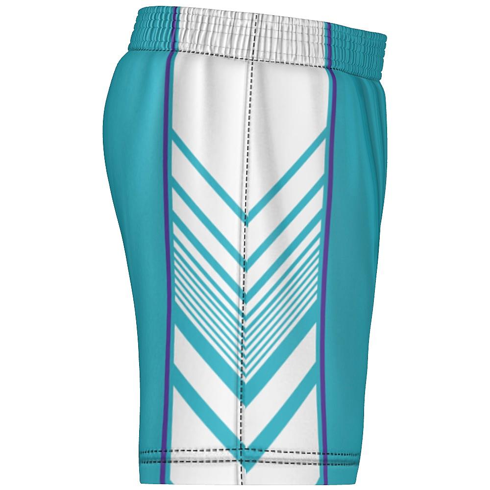 Teal shorts with white and purple side panels on a white background