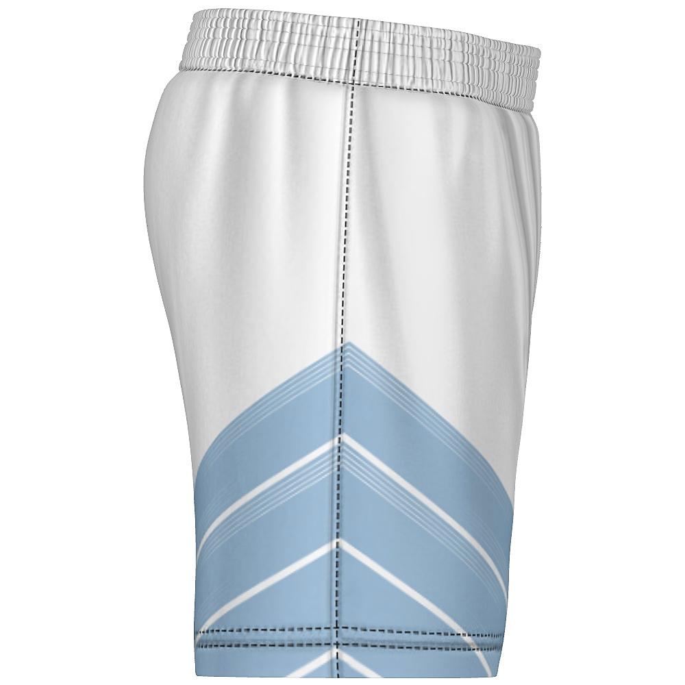 Blue and white shorts with chevron design on a white background
