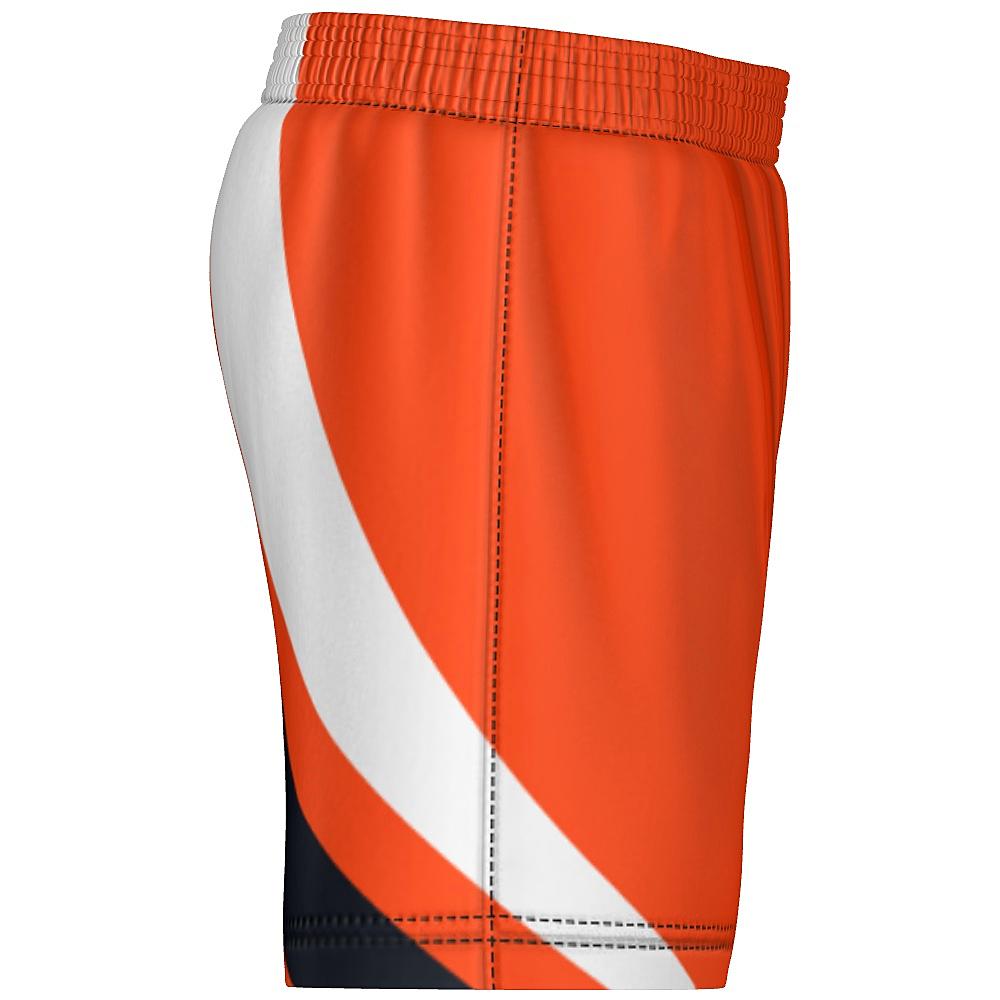 Orange shorts with white and black curved stripes on a white background