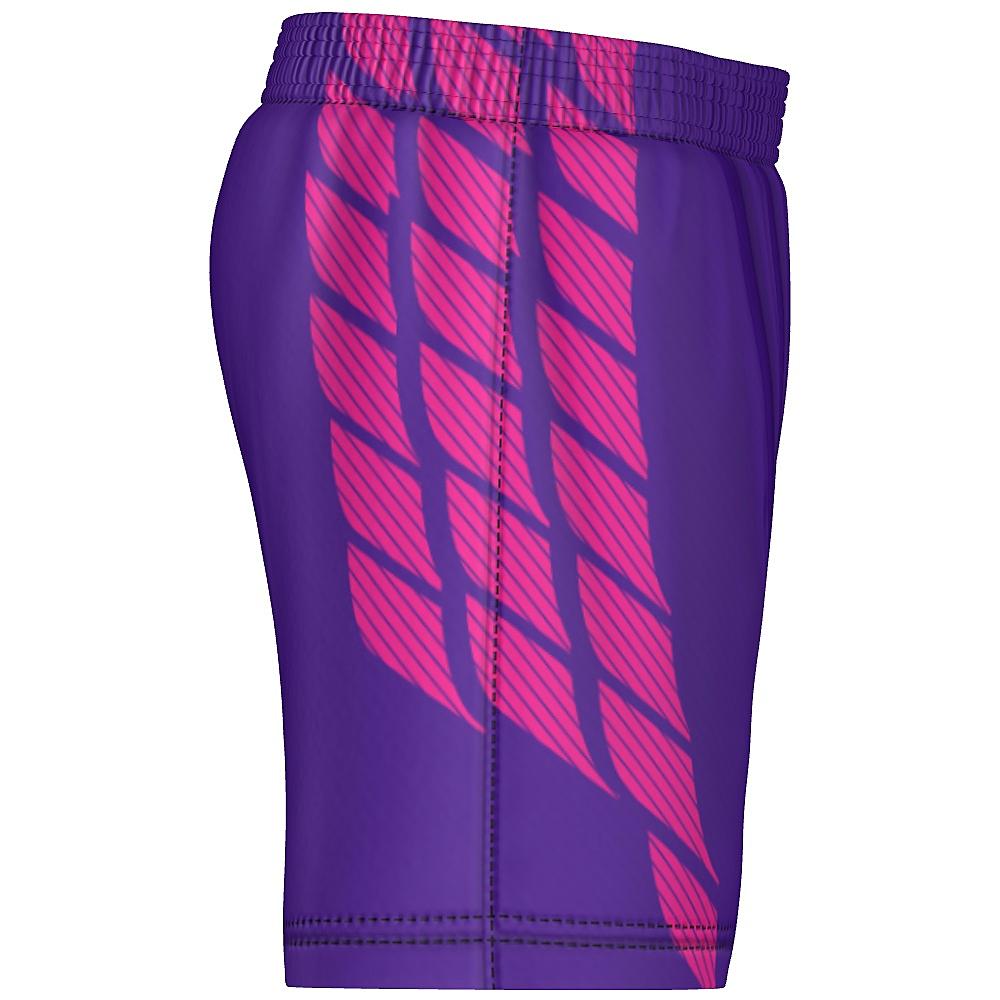 Pink and purple shorts with striped design on a white background