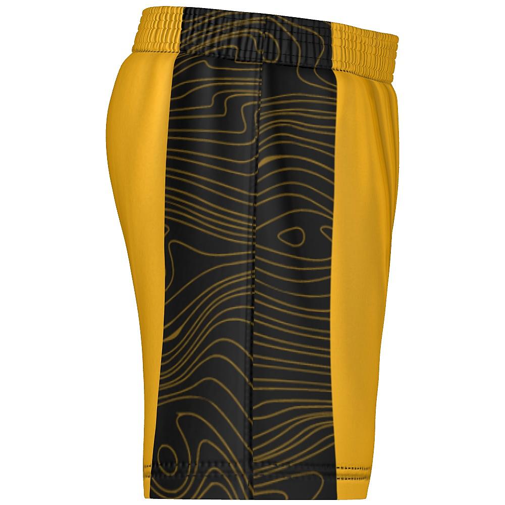 Gold shorts with black side panels featuring topographic design, on a white background