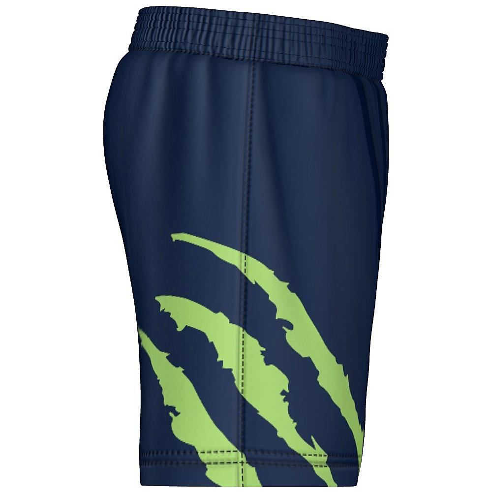 Navy shorts with green accents on a white background