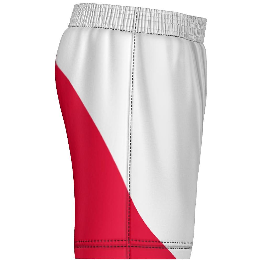 White shorts with red curved area on back, on a white background