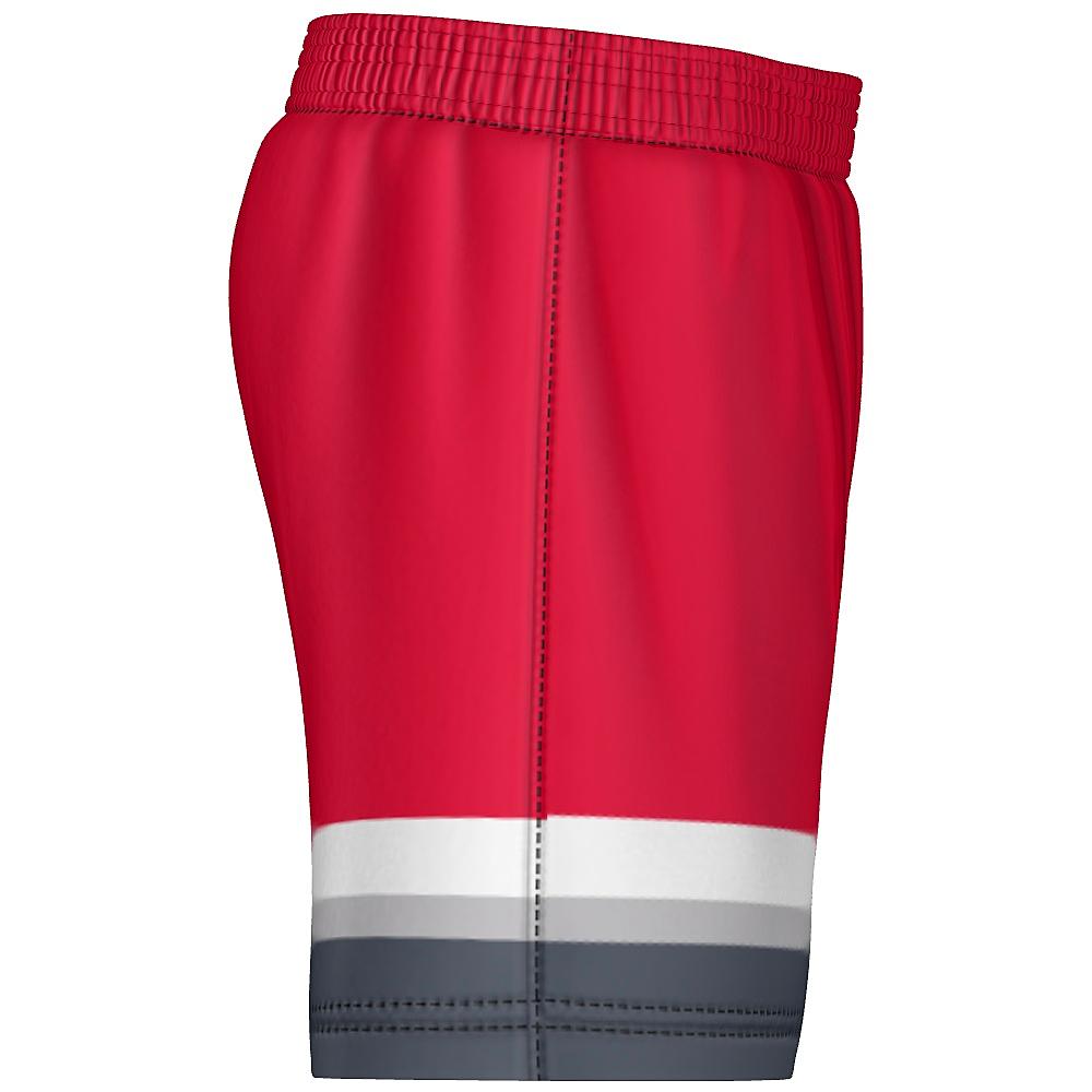 Red shorts with grey and white accents on a white background