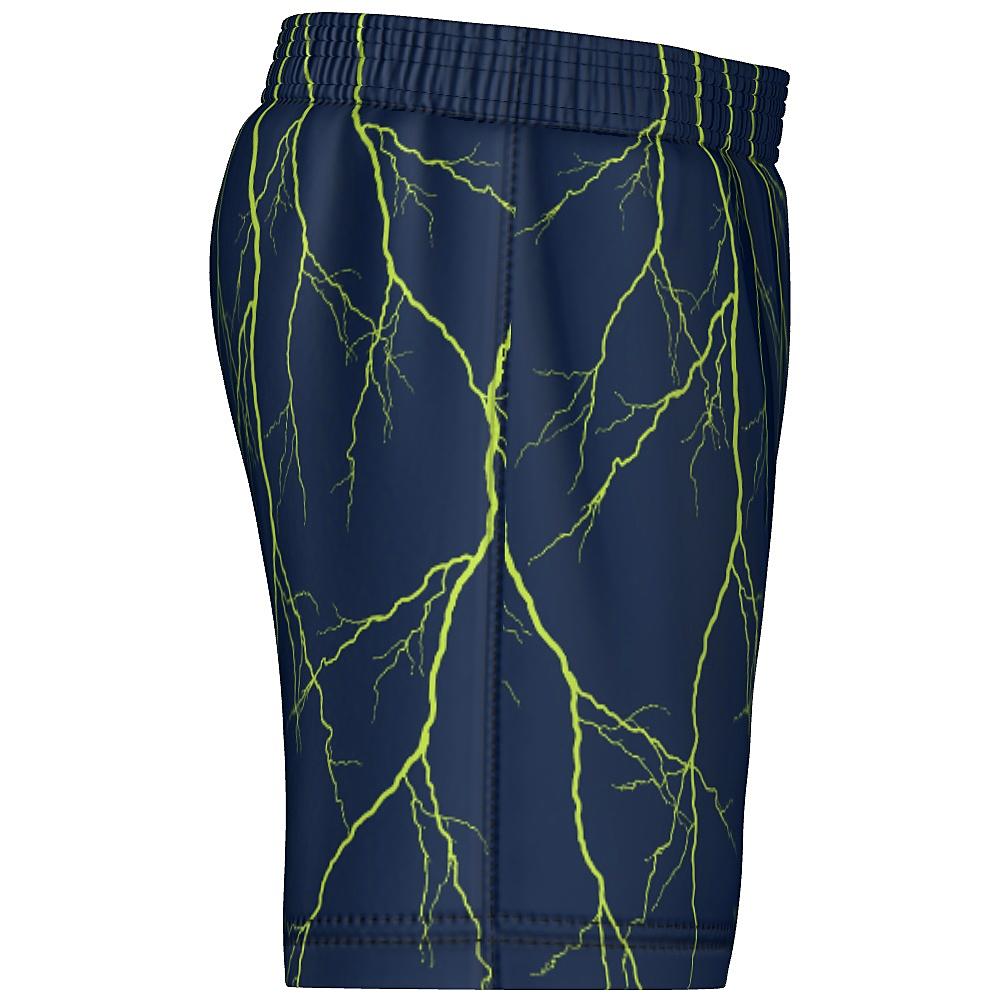 Navy shorts with yellow lightning design on a white background