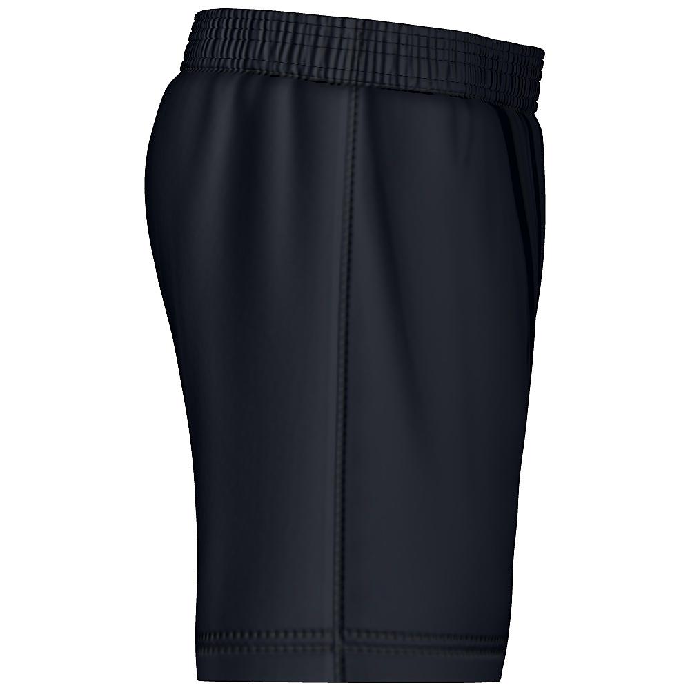 Black shorts with white and purple accents on a white background