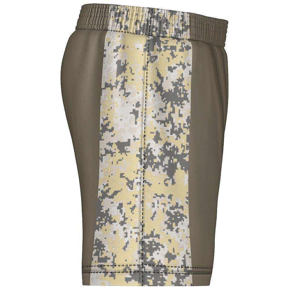 Earth-tone shorts with digital camo design on a white background
