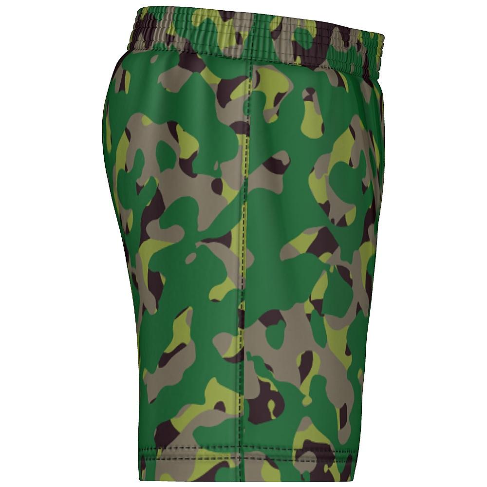 Shorts with green camouflage design on a white background