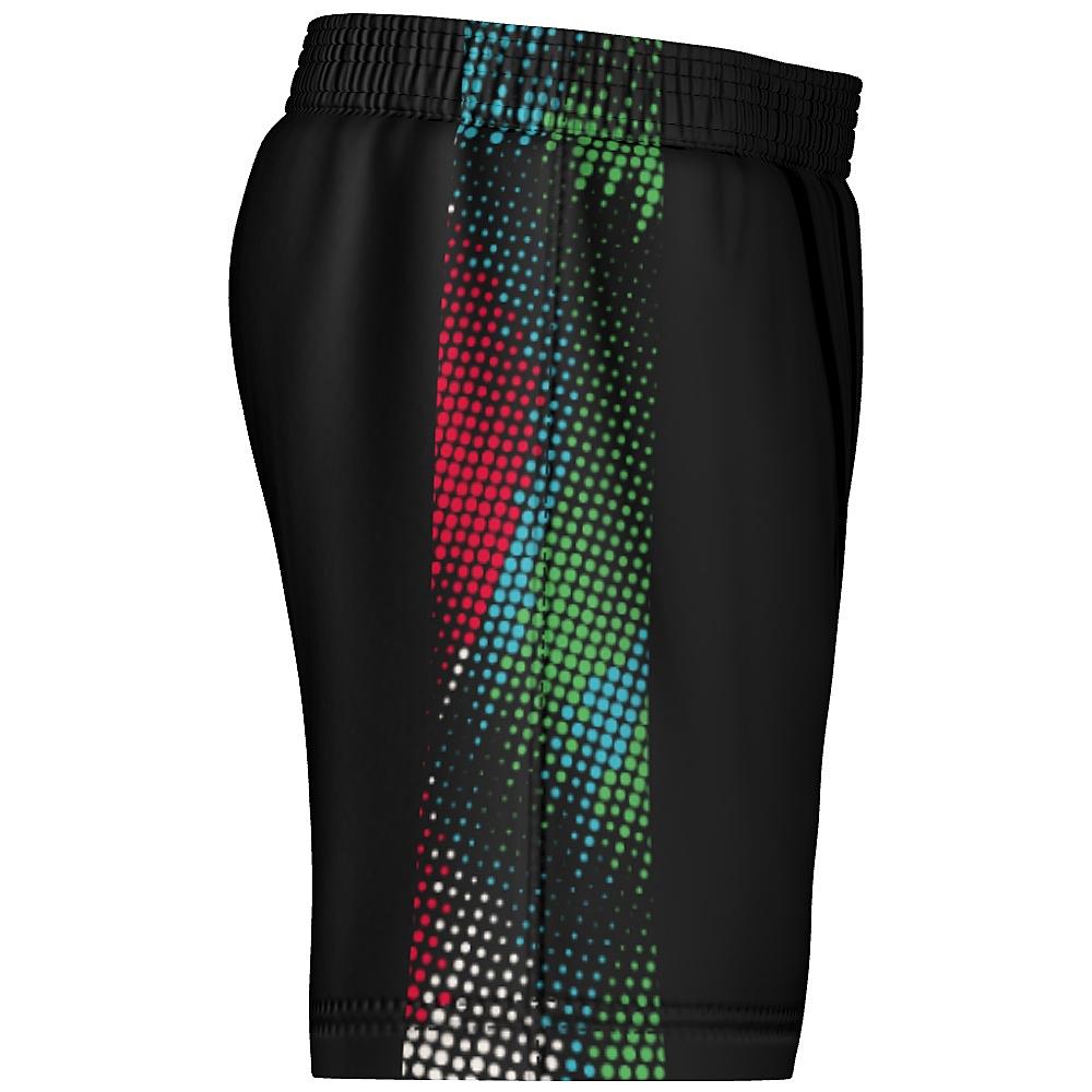 Black shorts with multicolored dot pattern on a white background