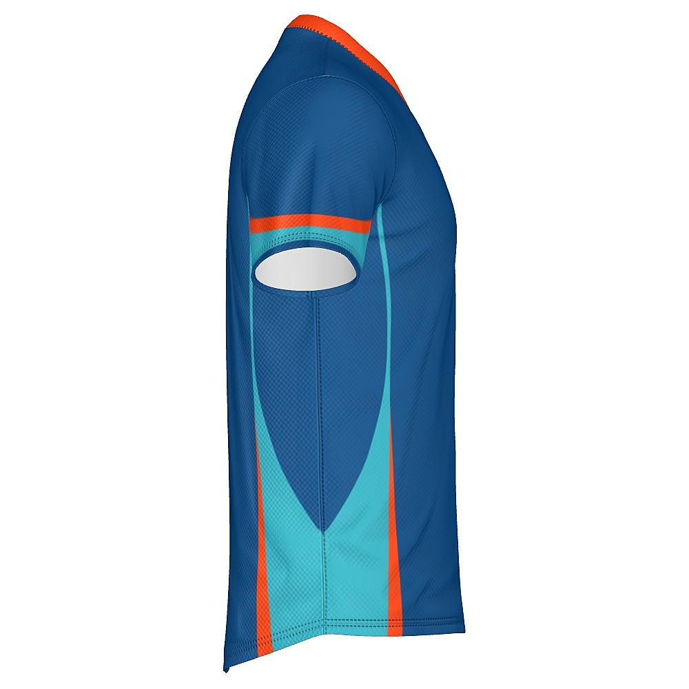 Blue shirt with teal and orange accents on a white background