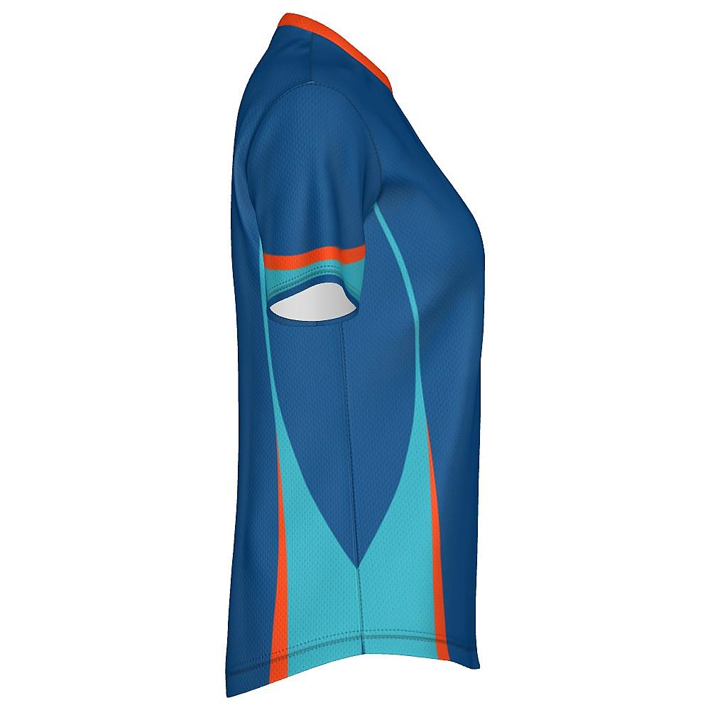 Blue shirt with teal and orange accents on a white background