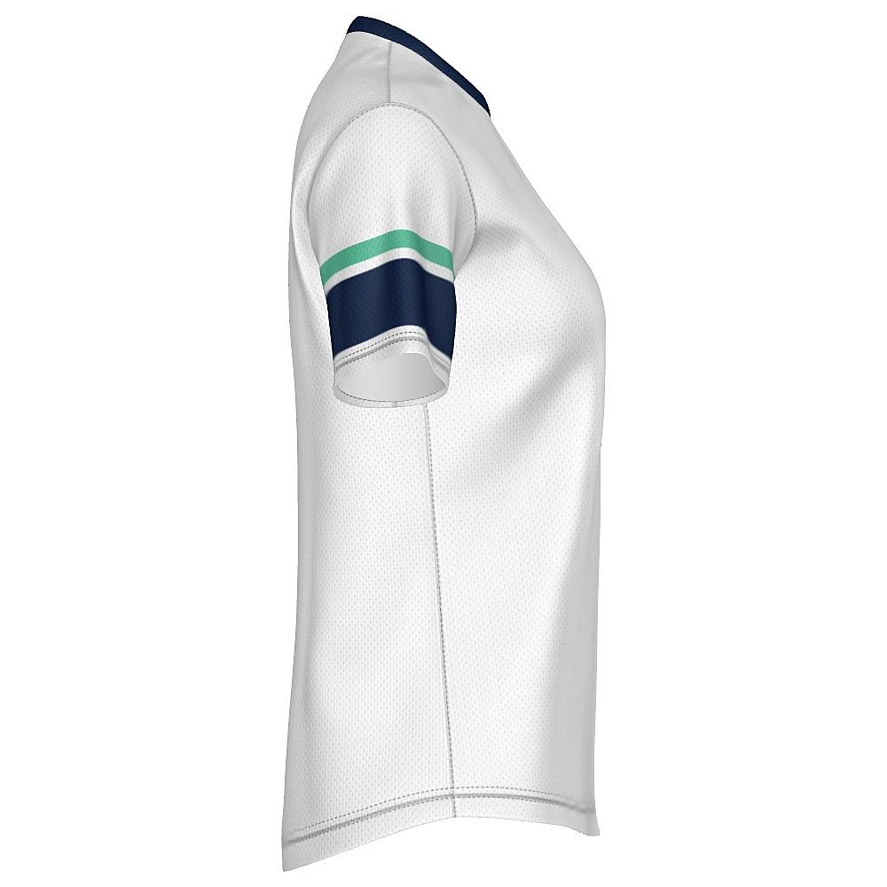 White shirt with navy and green accents on a white background