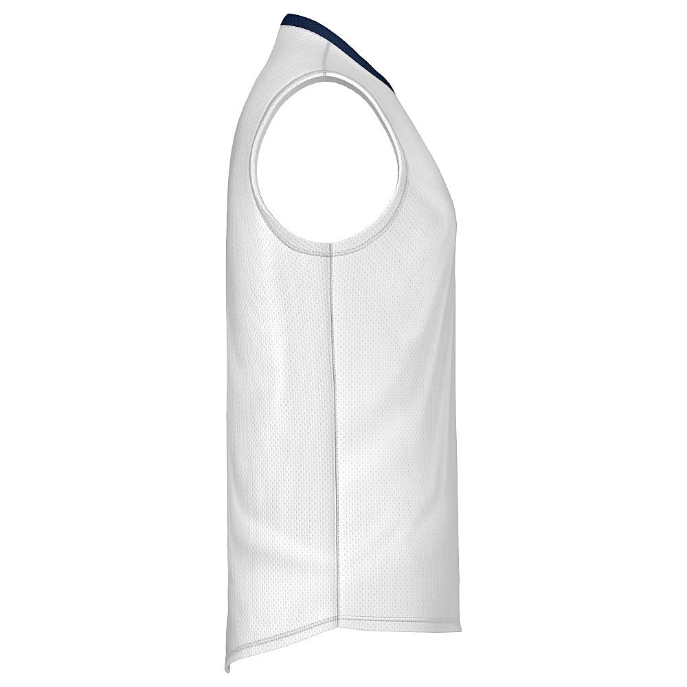 White sleeveless shirt with navy collar on a white background