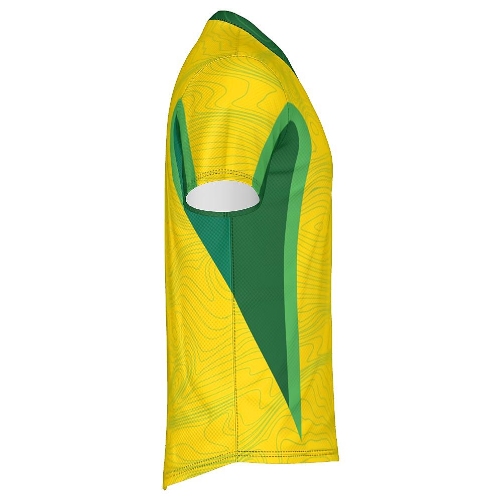 Yellow shirt with topography design and green accents on a white background