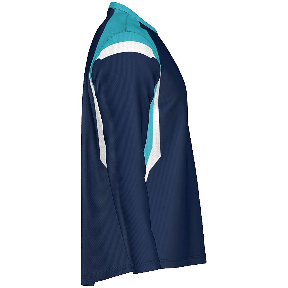 Navy long-sleeve shirt with light blue and white accents on a white background