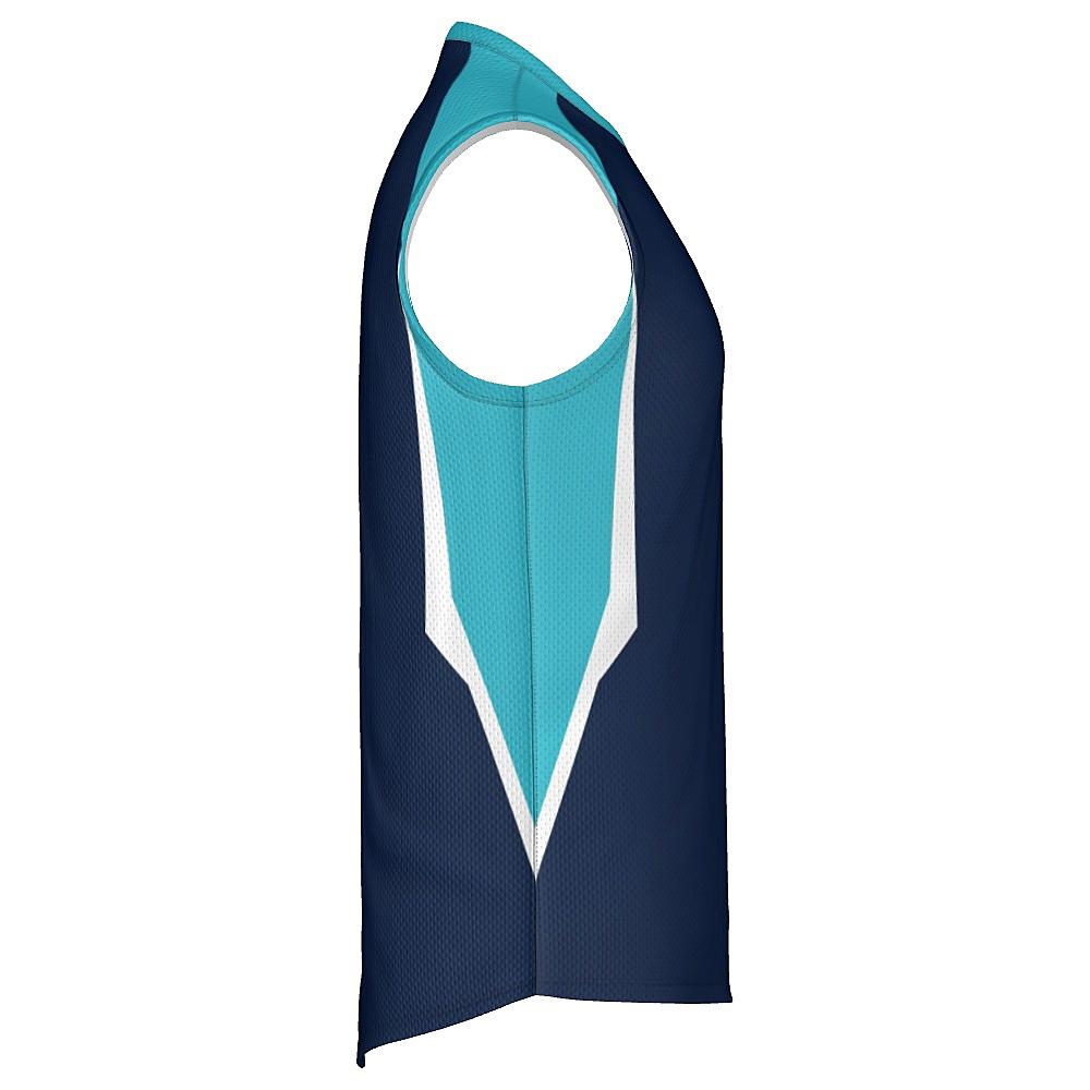 Navy sleeveless shirt with light blue and white accents on a white background