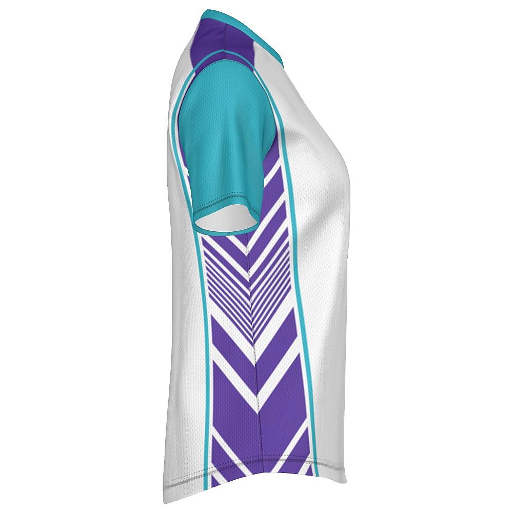 White shirt with teal and purple accents on a white background
