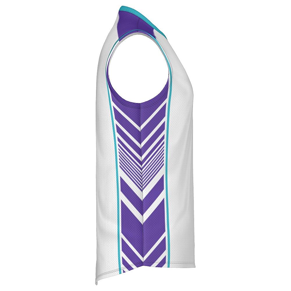 White sleeveless shirt with teal and purple accents on a white background