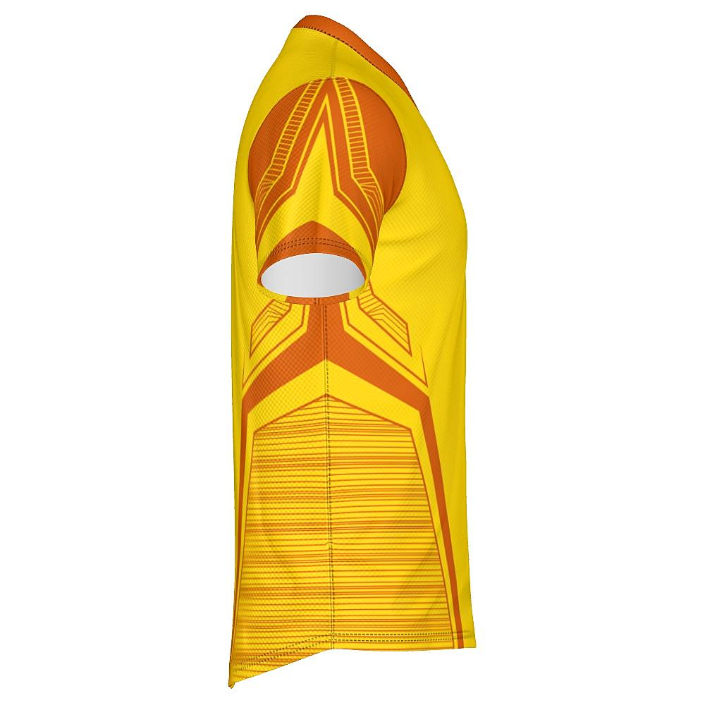 Yellow shirt with orange accents on a white background