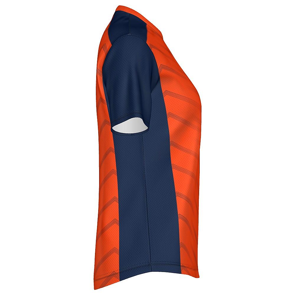 Orange shirt with navy accents and chevron design on a white background