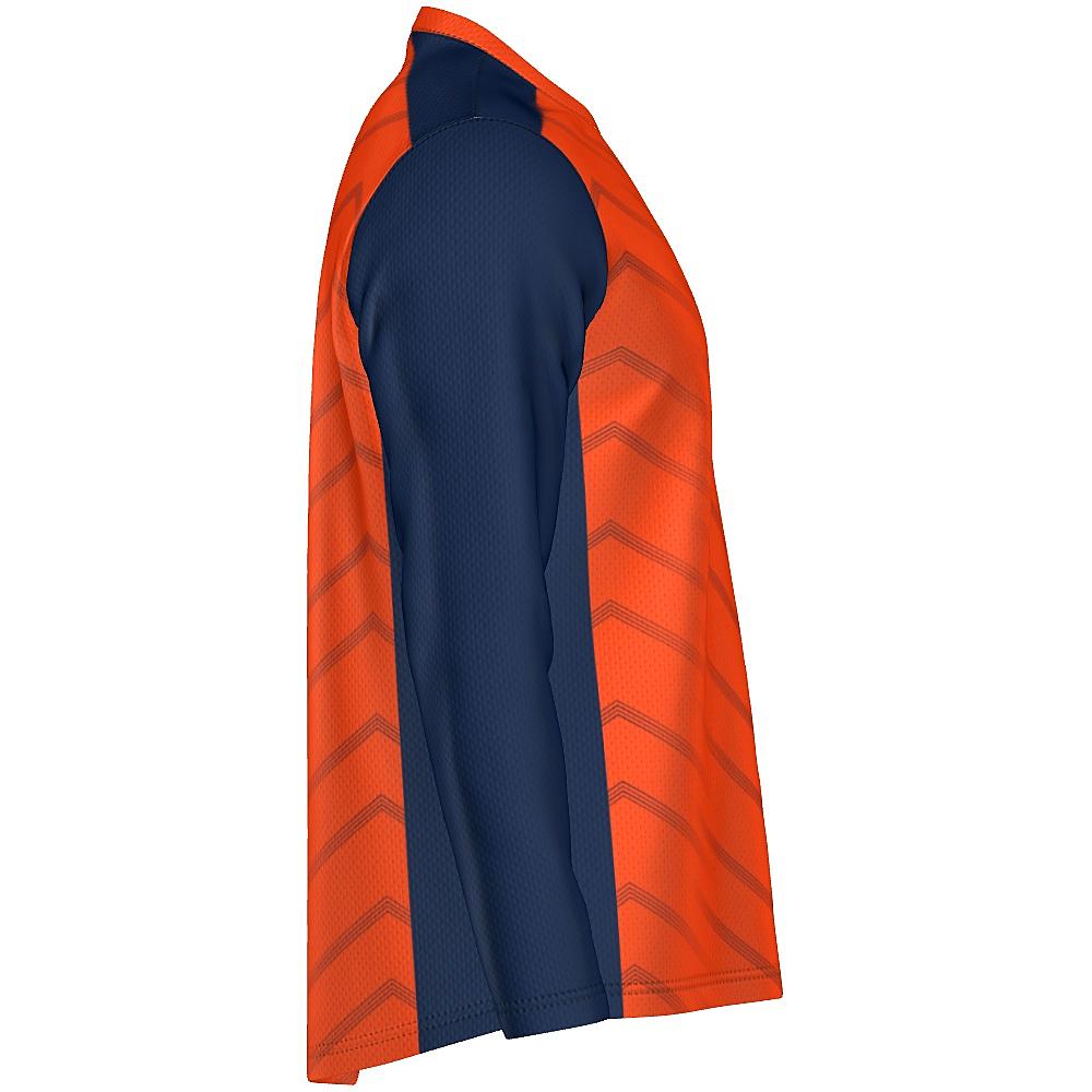 Orange long-sleeve shirt with navy accents and chevron design on a white background
