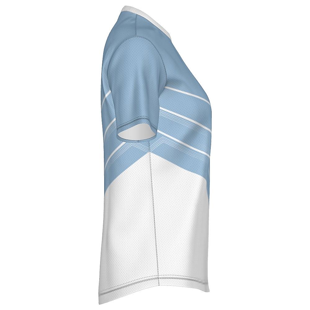 Blue and white shirt with chevron design on a white background