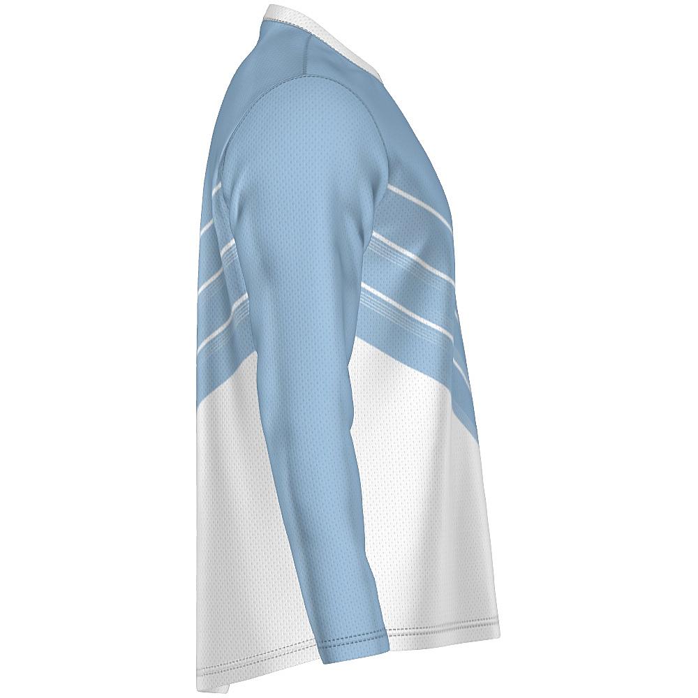 Blue and white long-sleeve shirt with chevron design on a white background