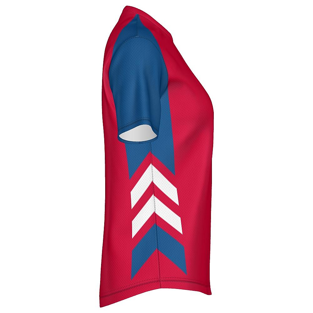 Red shirt with blue and white accents on a white background
