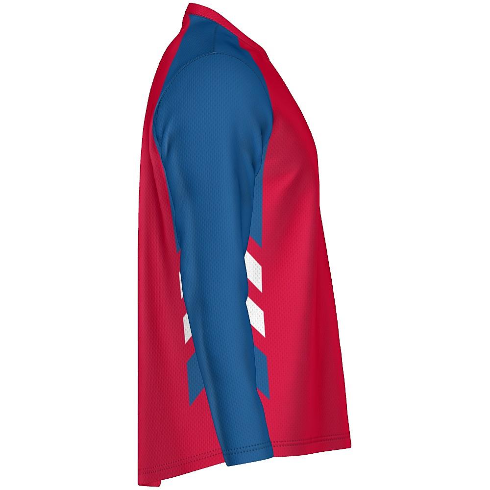 Red long-sleeve shirt with blue and white accents on a white background