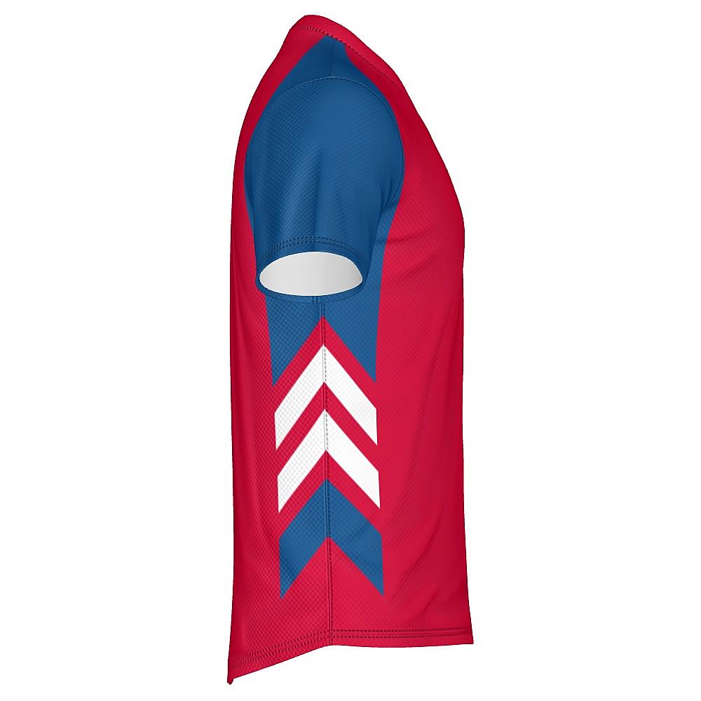 Red shirt with blue and white accents on a white background