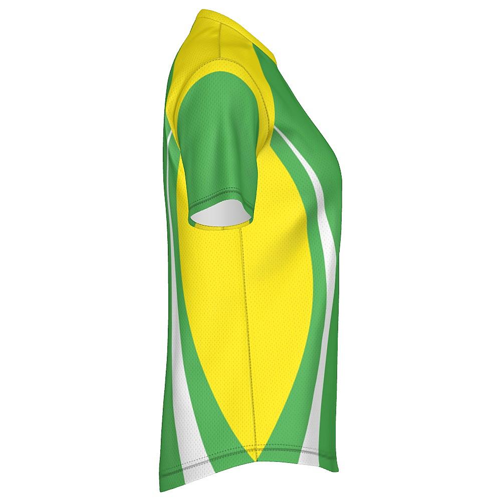 Green shirt with yellow and white accents on a white background