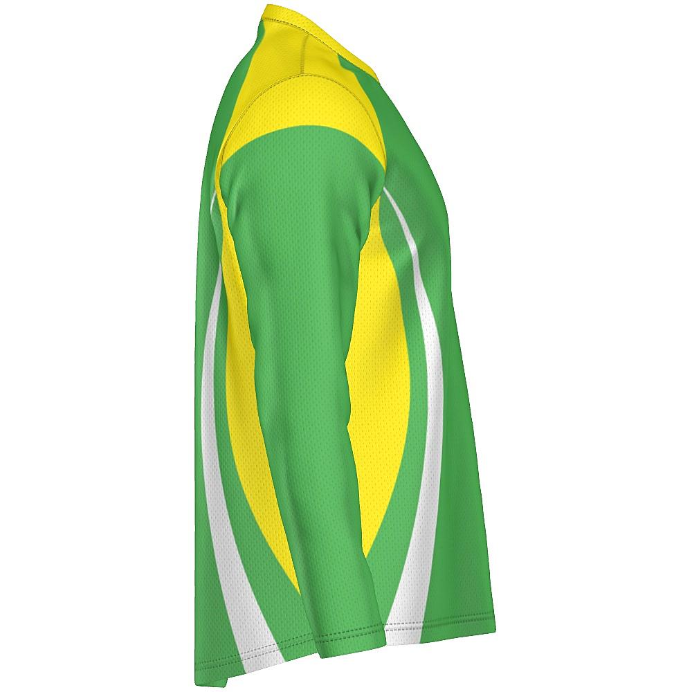 Green long-sleeve shirt with yellow and white accents on a white background