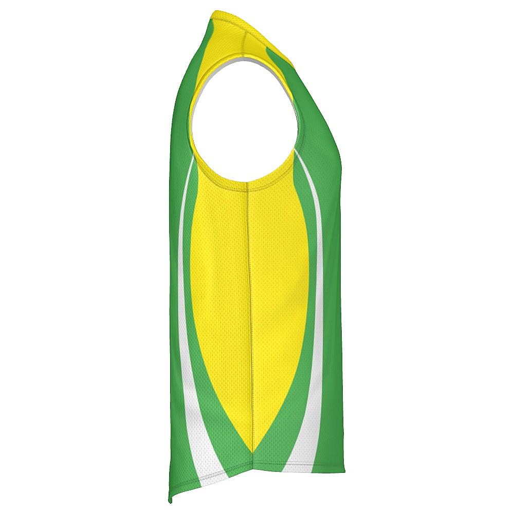 Green sleeveless shirt with yellow and white accents on a white background