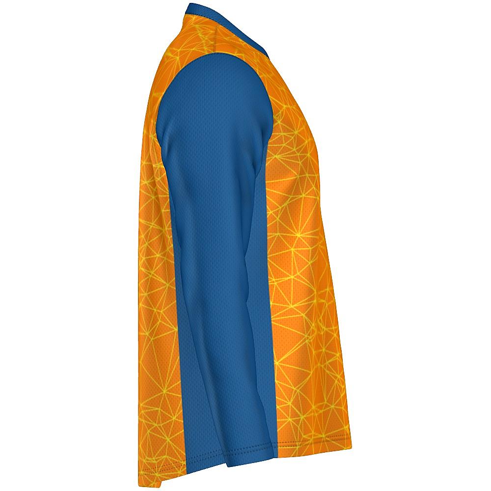 Orange long-sleeve shirt with yellow geometric design and blue accents on a white background