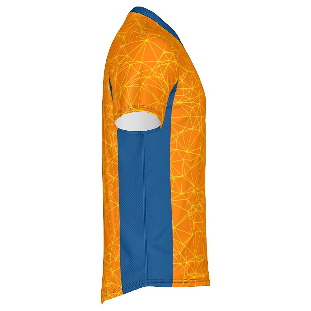 Orange shirt with yellow geometric design and blue accents on a white background