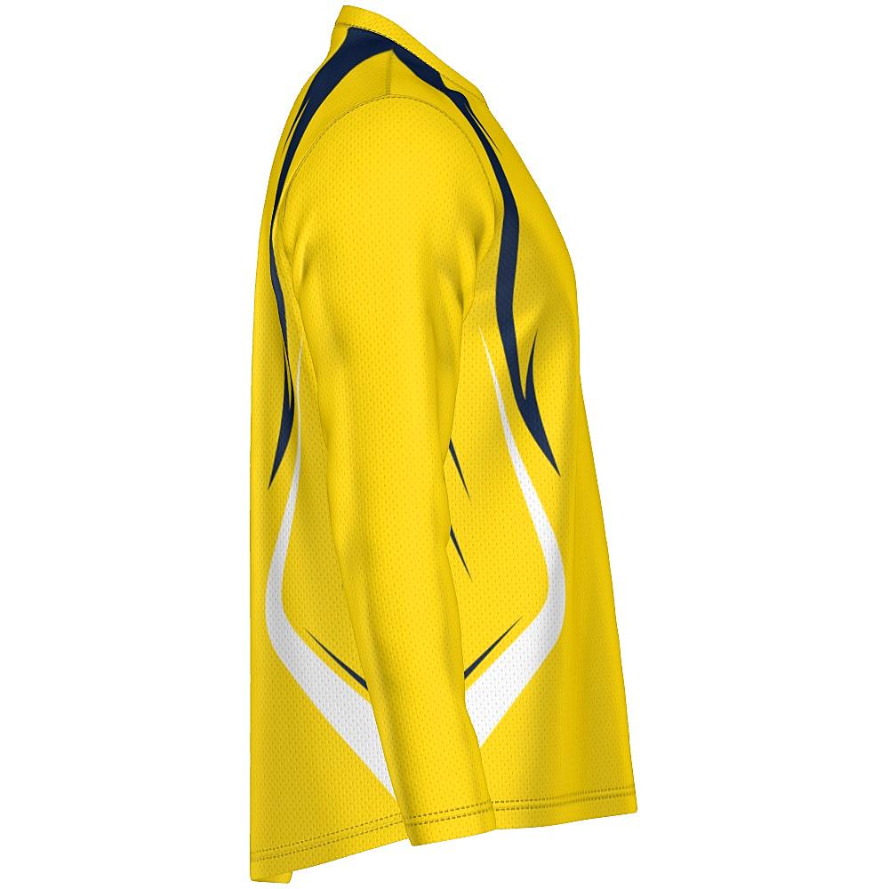 Yellow long-sleeve shirt with navy and white accents on a white background