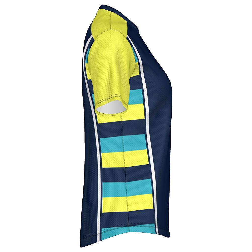 Navy shirt with yellow sleeves and striped side panels on a white background