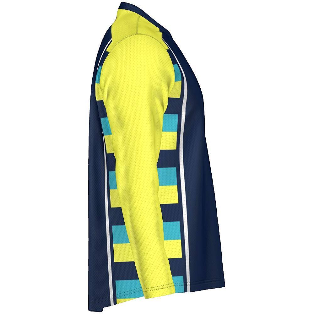 Navy long-sleeve shirt with yellow sleeves and striped side panels on a white background