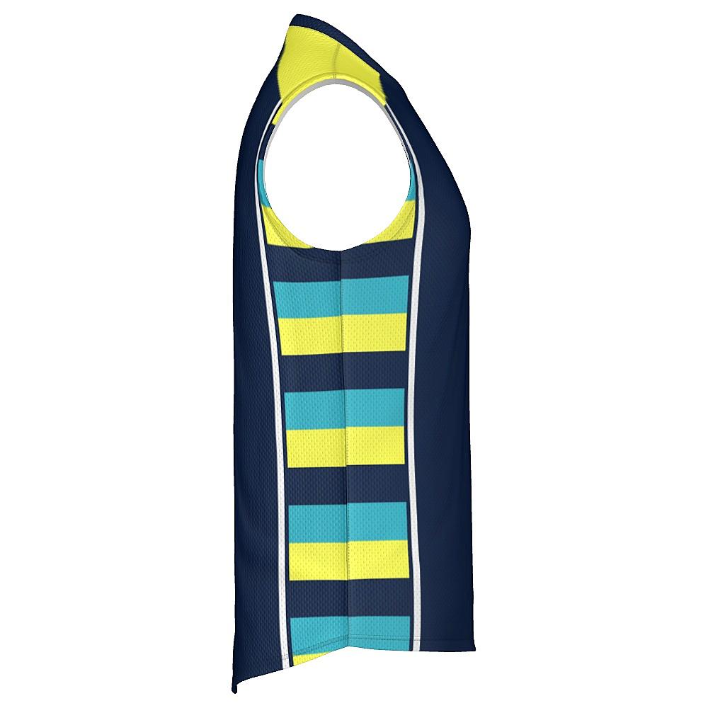 Navy sleeveless shirt with yellow shoulders and striped side panels on a white background