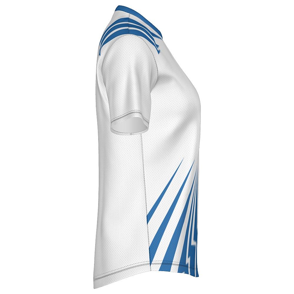 White shirt with blue bolt-shaped accents on a white background