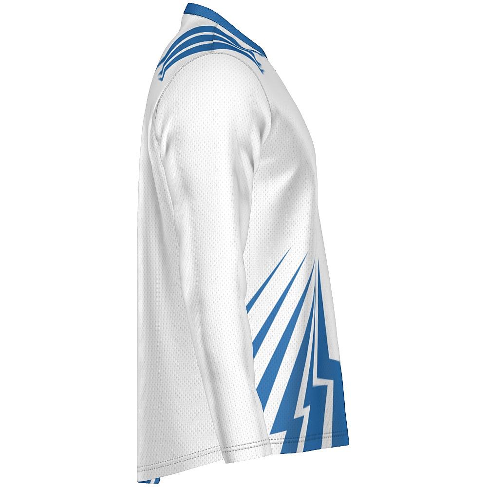 White long-sleeve shirt with blue bolt-shaped accents on a white background