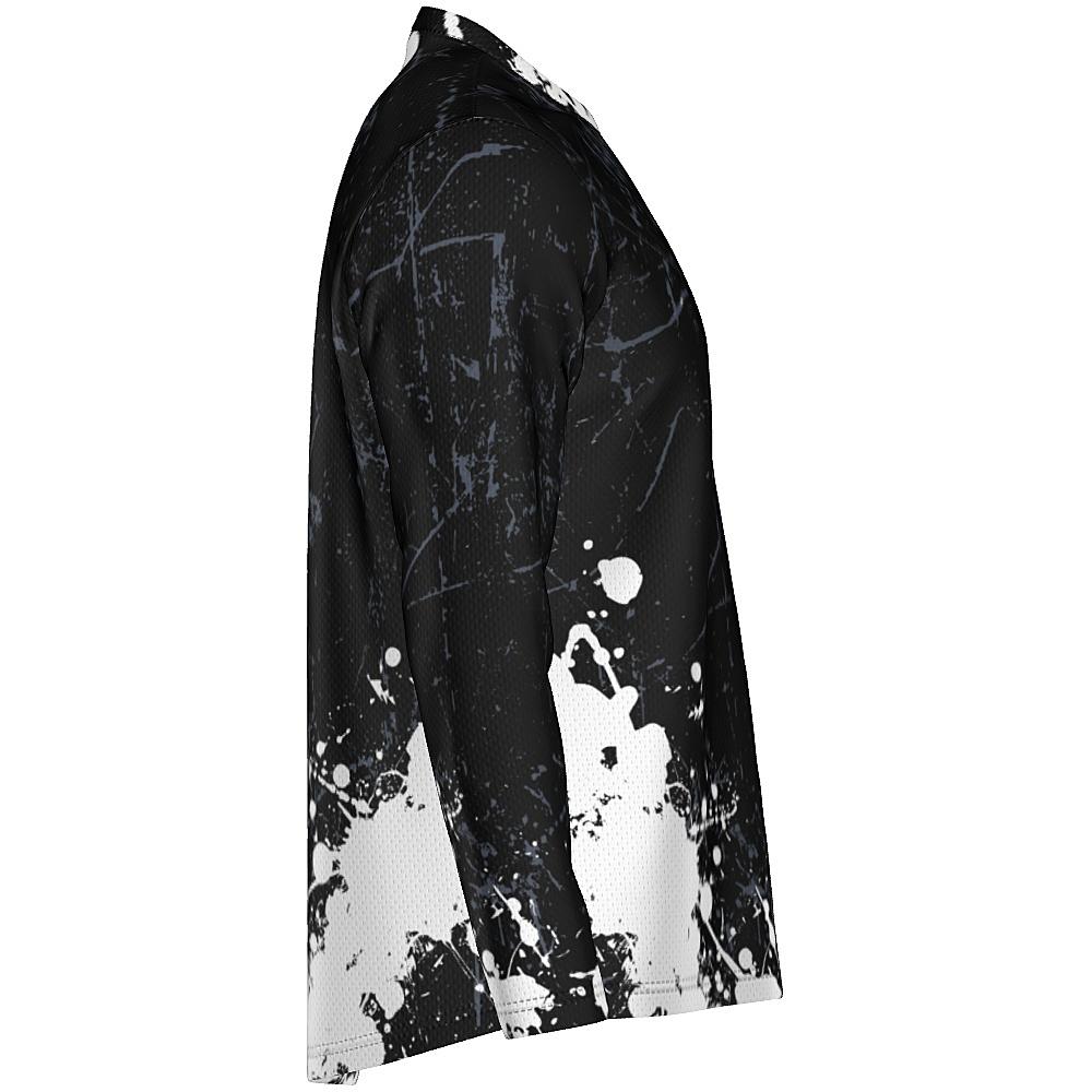 Black long-sleeve shirt with white and grey distressed design on a white background