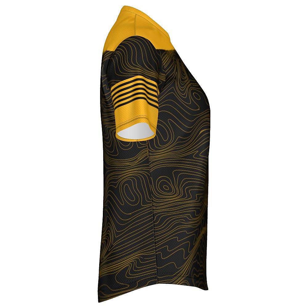 Black shirt with yellow accents and topographic design on a white background
